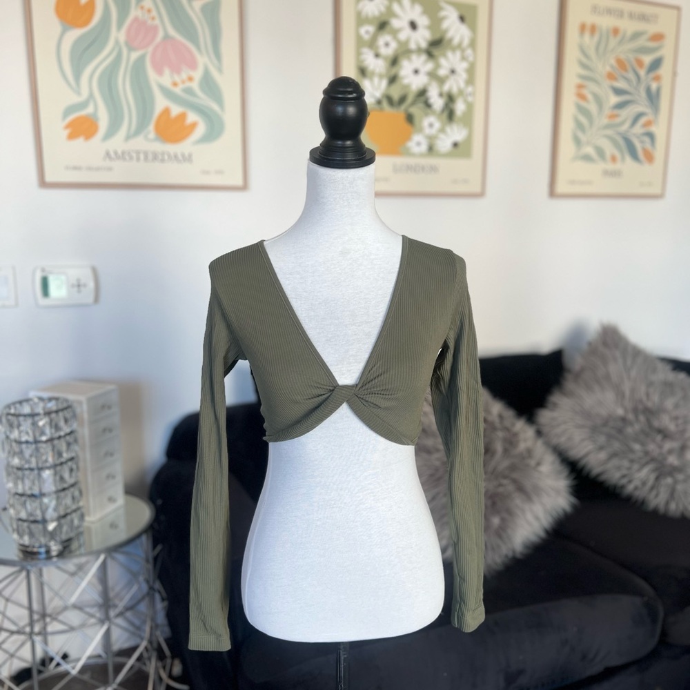 Olive Green Twist Front Long Sleeve Top